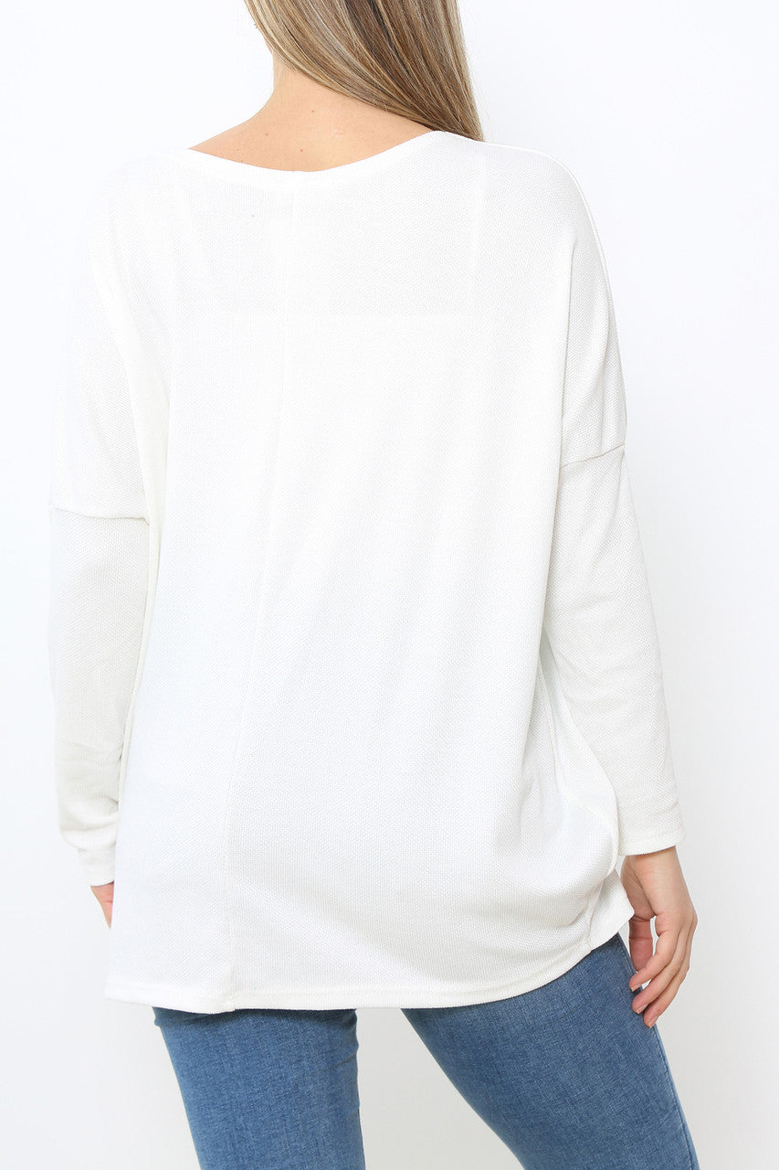 Ladies Sequin Patch Detail Jumper Top White