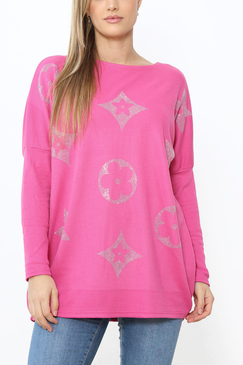 Dames trui top met pailletten en patch detail cerise