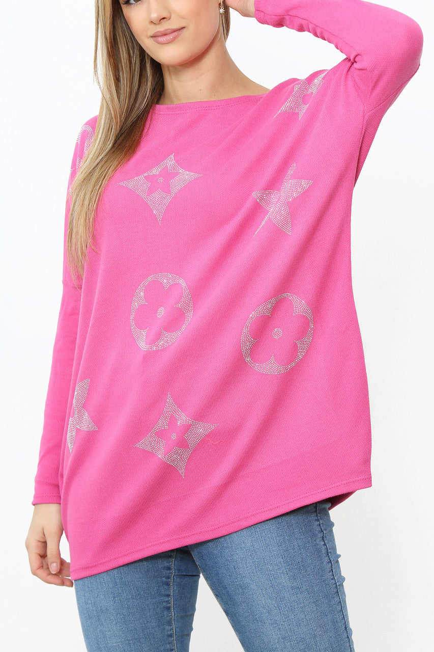 Dames trui top met pailletten en patch detail cerise