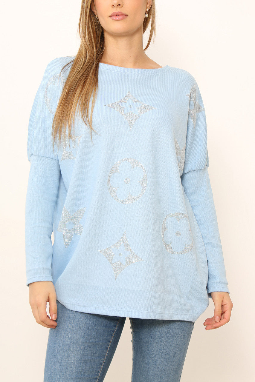 Ladies Sequin Patch Detail Jumper Top Light Blue