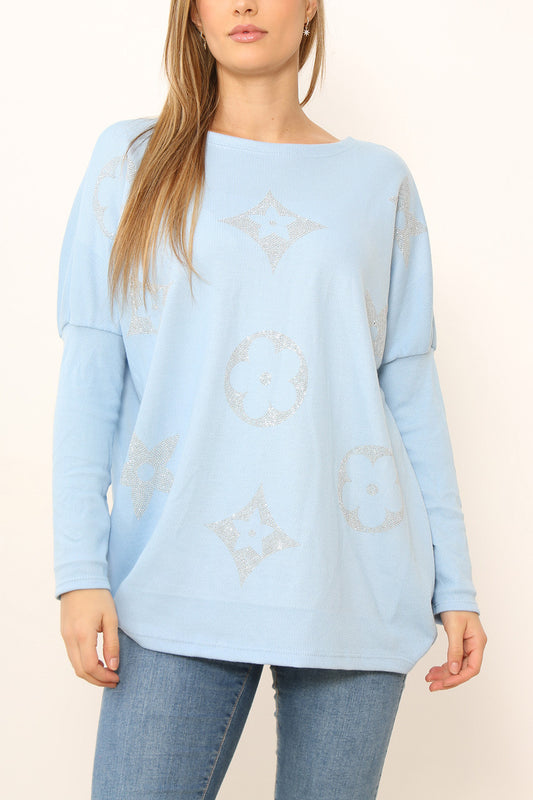 Ladies Sequin Patch Detail Jumper Top Light Blue