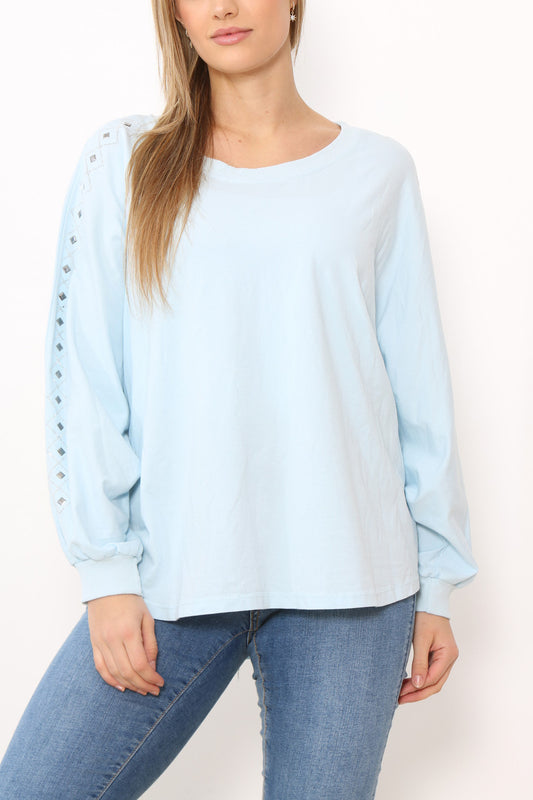 Ladies Stud Sleeve Detail Jumper Top Light Blue