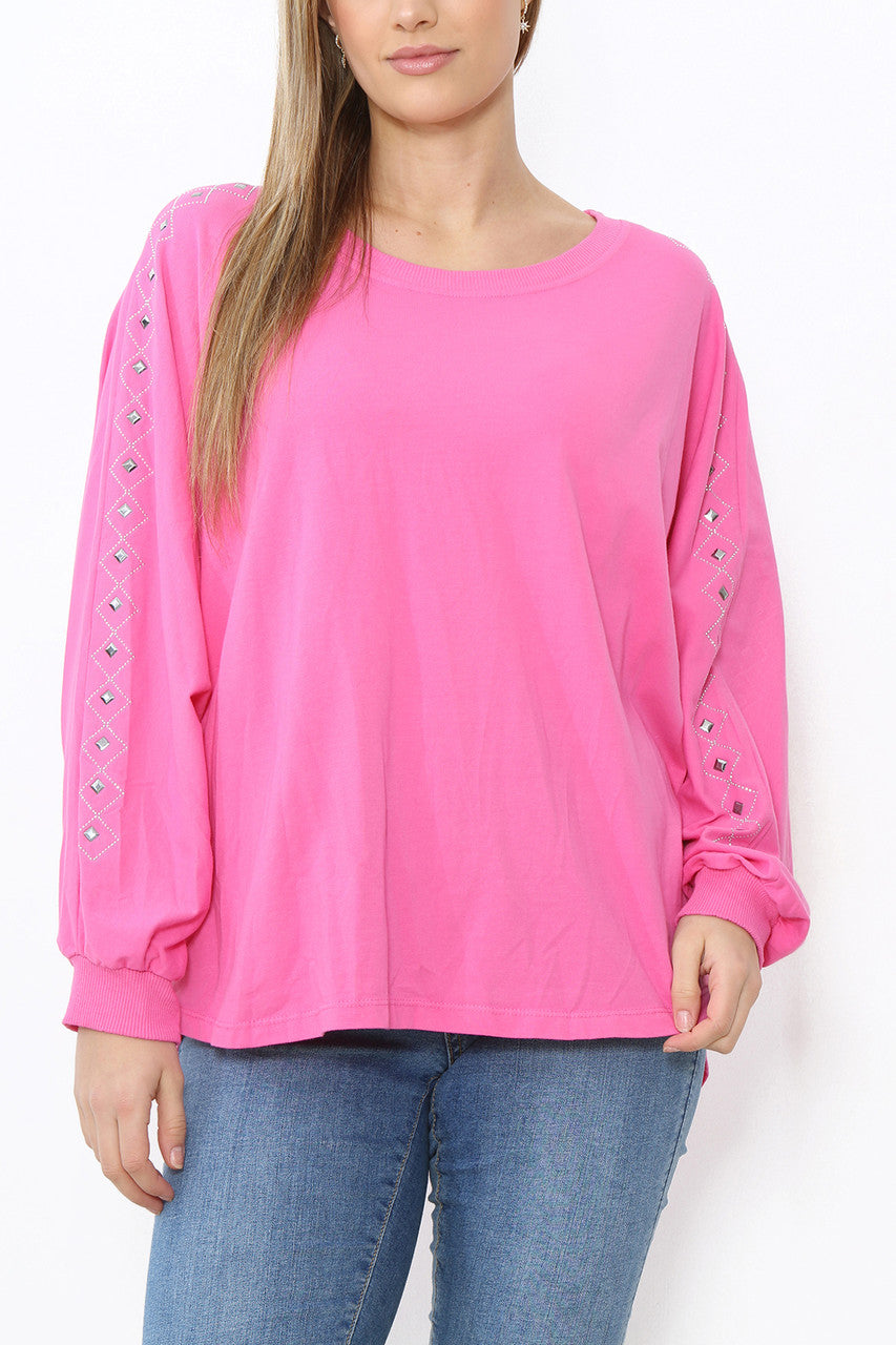 Ladies Stud Sleeve Detail Jumper Top Cerise
