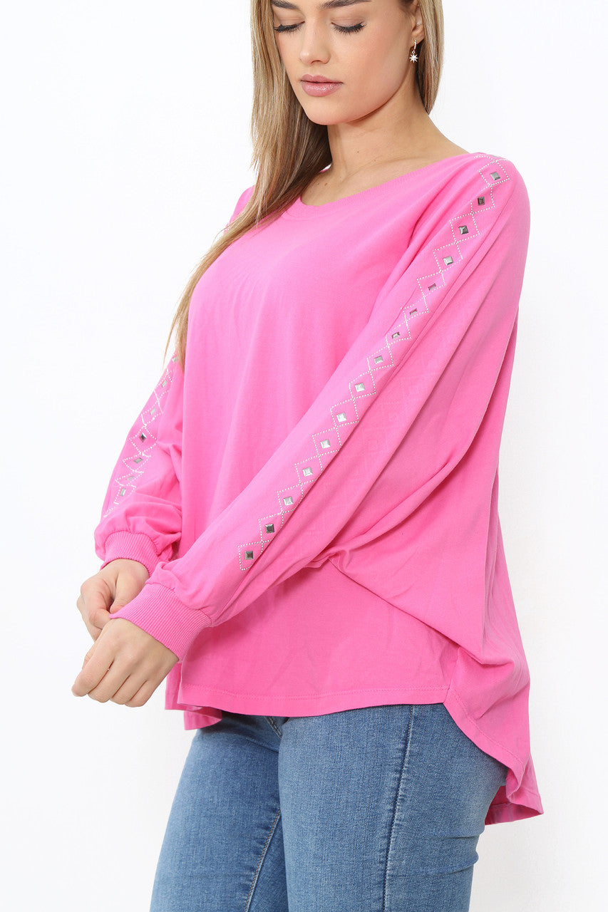 Ladies Stud Sleeve Detail Jumper Top Cerise