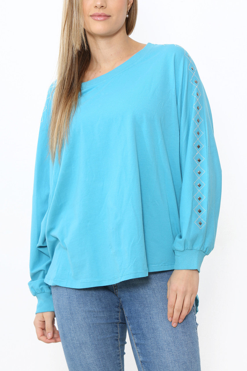Ladies Stud Sleeve Detail Jumper Top Turquoise