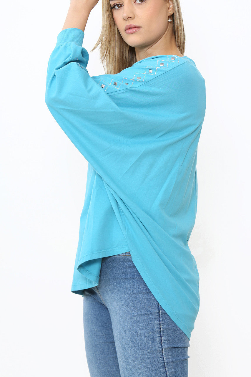 Ladies Stud Sleeve Detail Jumper Top Turquoise