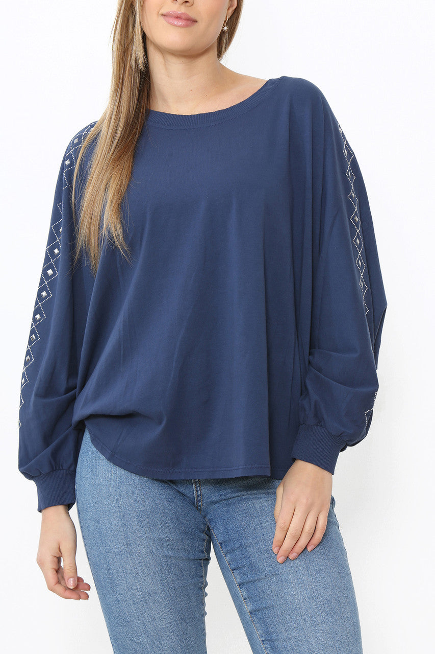 Ladies Stud Sleeve Detail Jumper Top Navy
