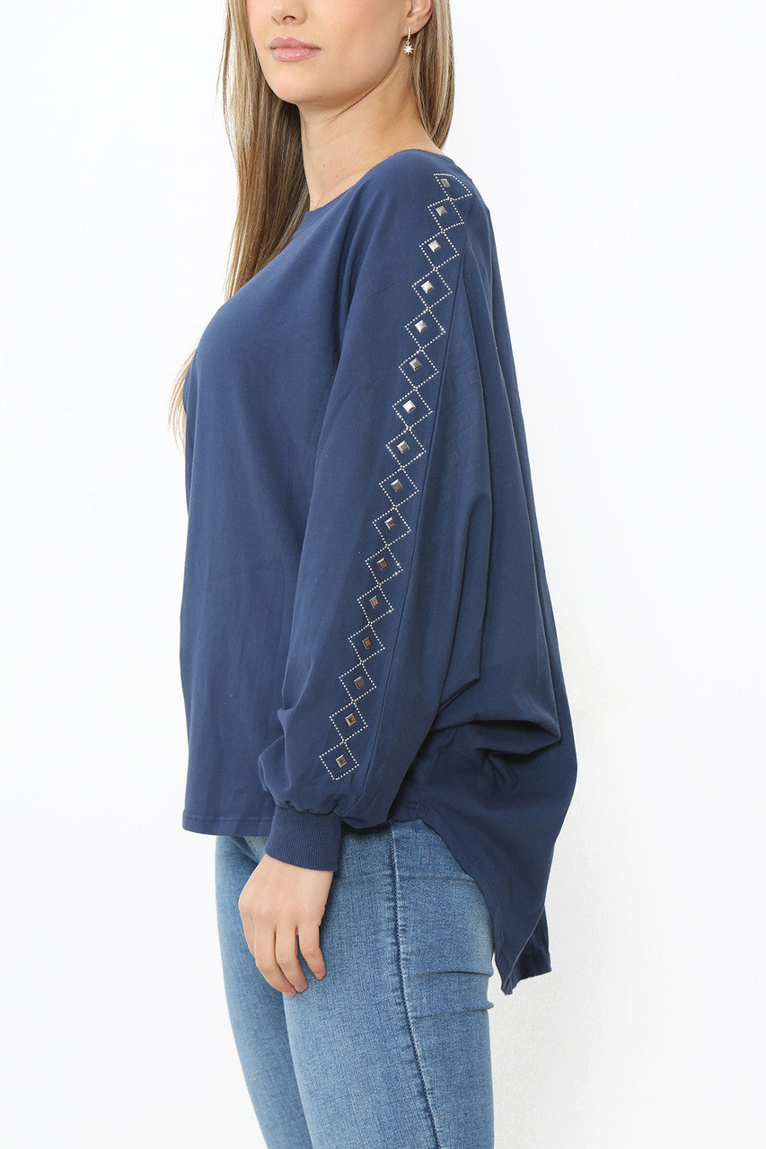 Ladies Stud Sleeve Detail Jumper Top Navy