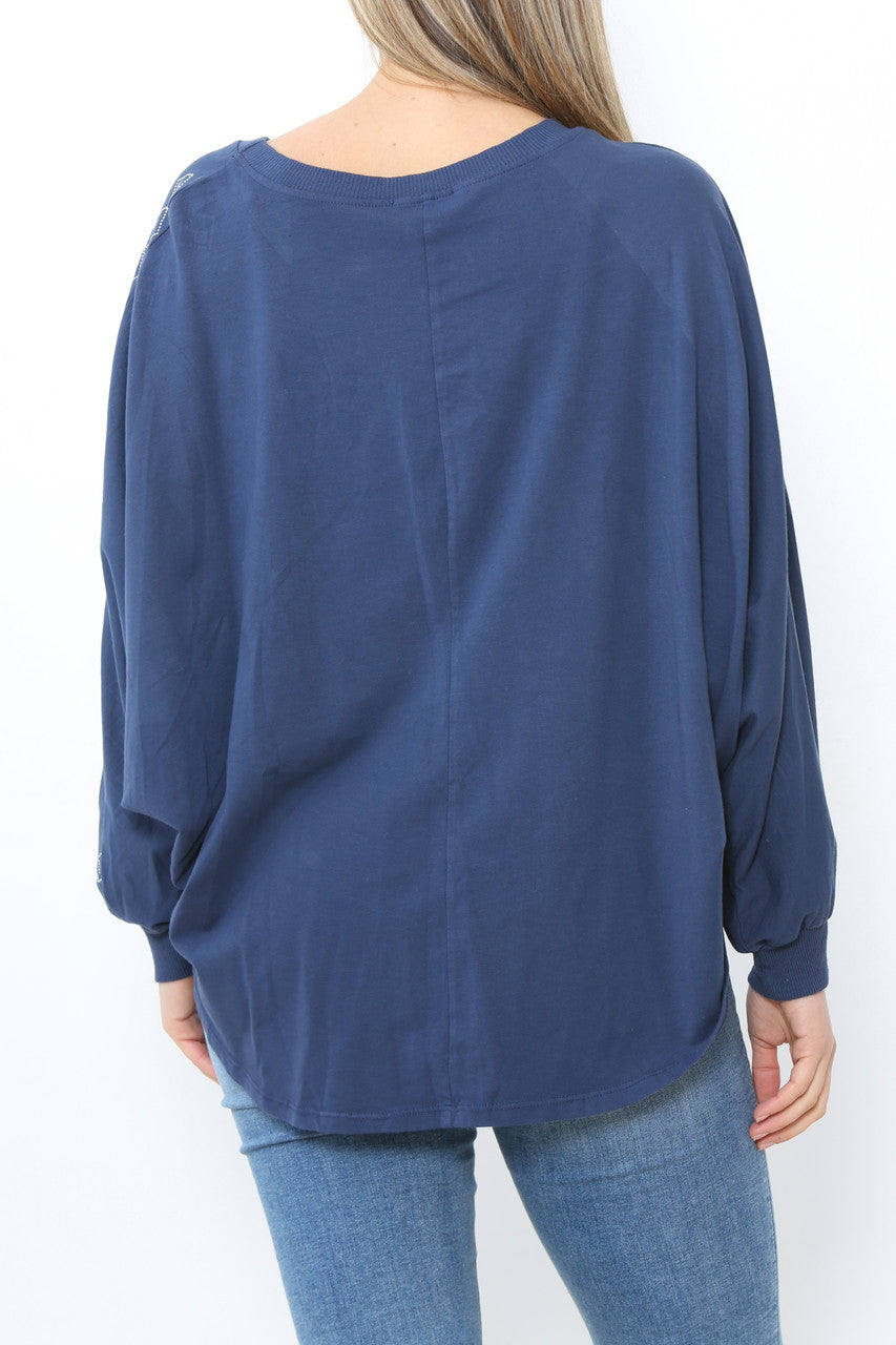 Ladies Stud Sleeve Detail Jumper Top Navy