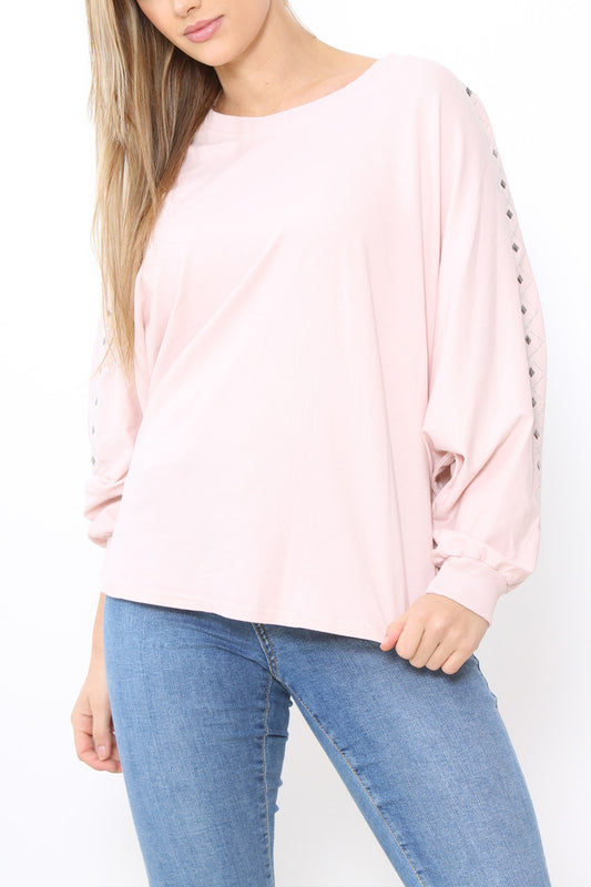Ladies Stud Sleeve Detail Jumper Top Dusty Pink