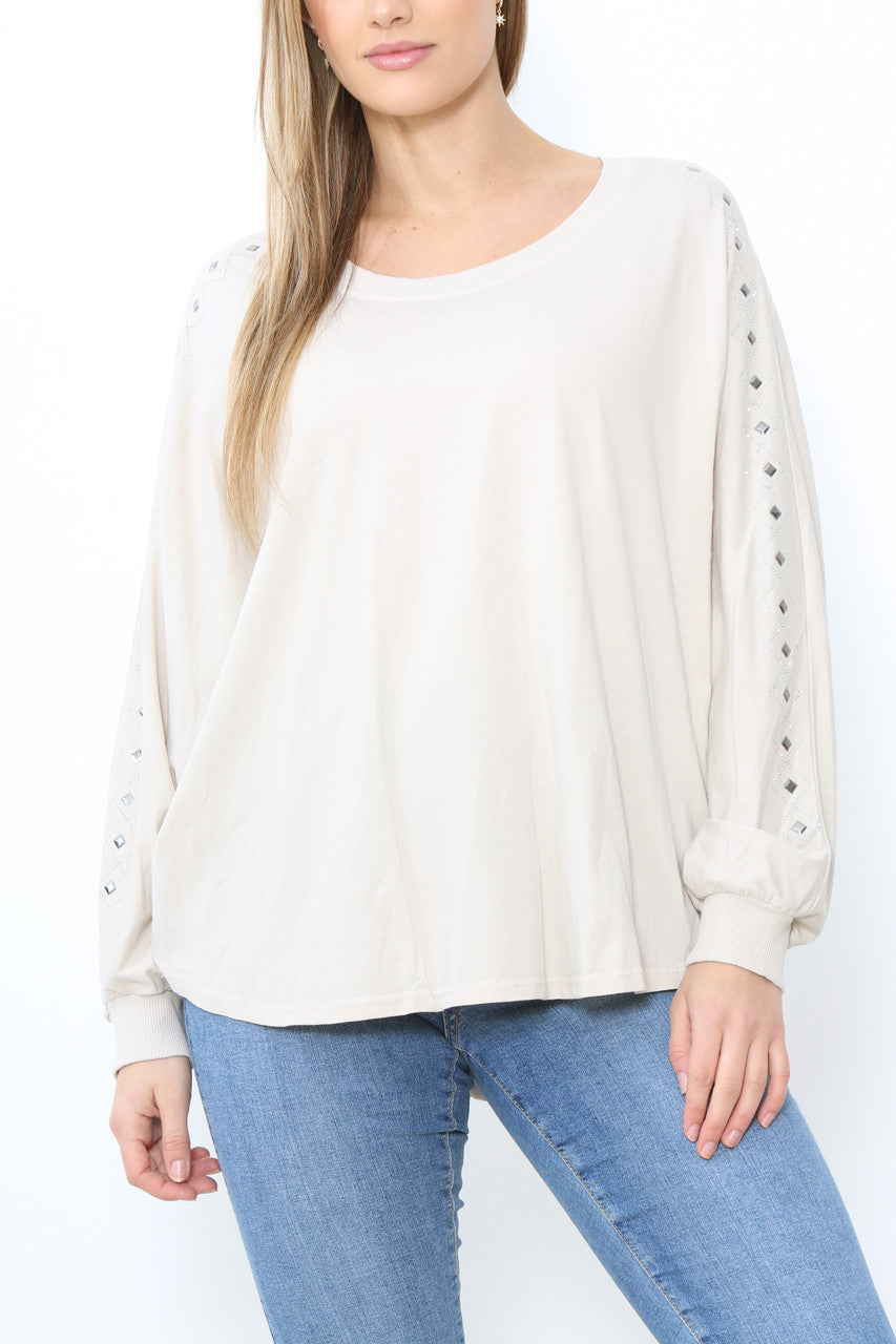 Ladies Stud Sleeve Detail Jumper Top Stone