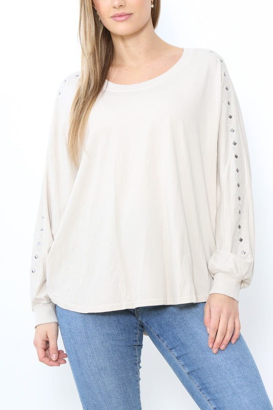 Ladies Stud Sleeve Detail Jumper Top Stone
