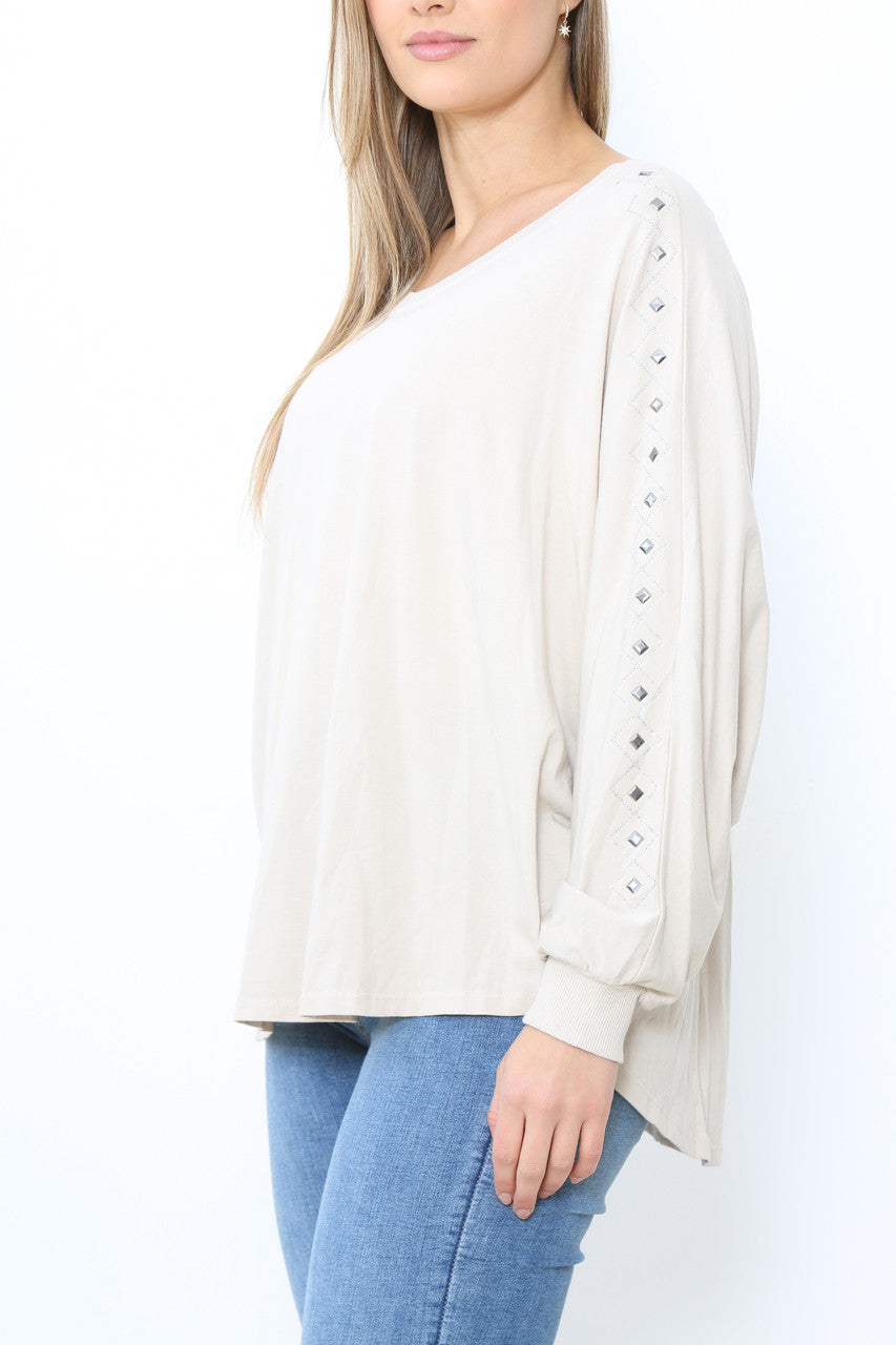 Ladies Stud Sleeve Detail Jumper Top Stone