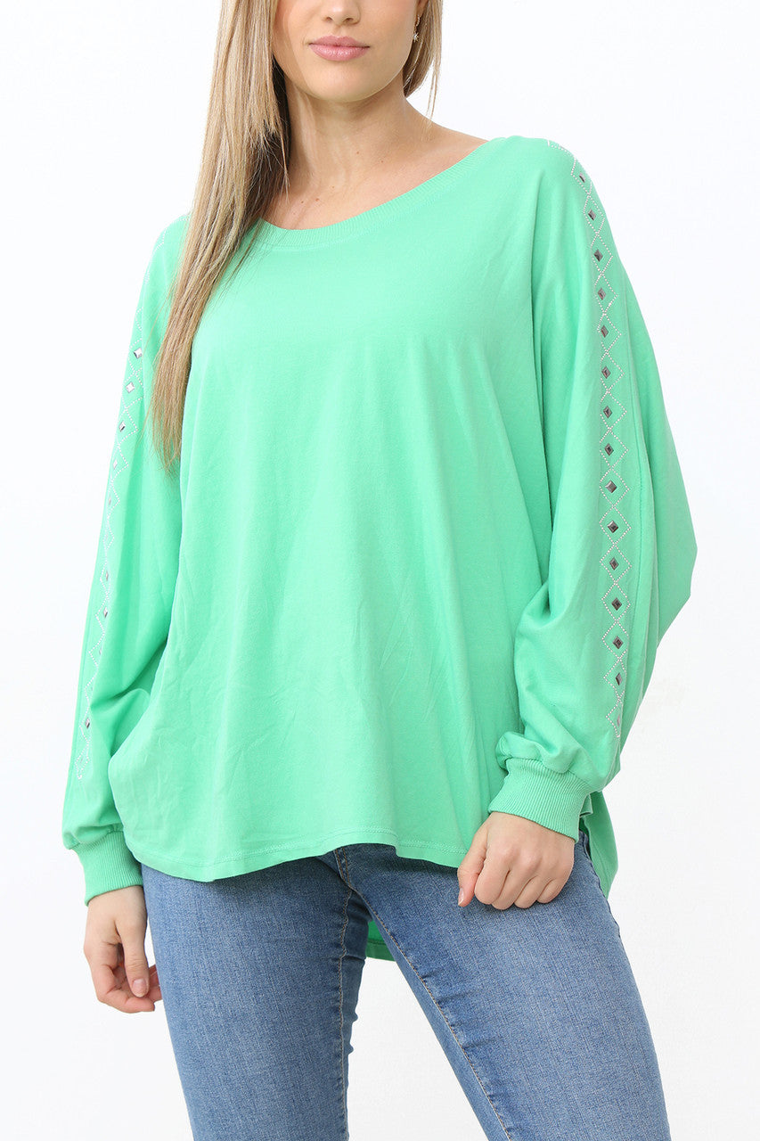 Ladies Stud Sleeve Detail Jumper Top Green
