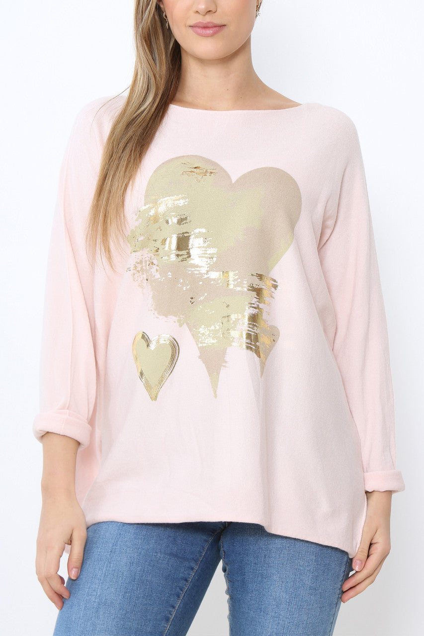 Ladies Foil Heart Detail Fine Knit Jumper Top Dusty Pink