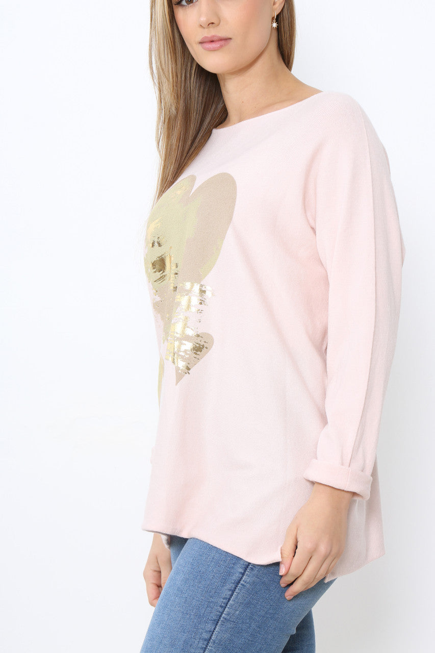 Ladies Foil Heart Detail Fine Knit Jumper Top Dusty Pink