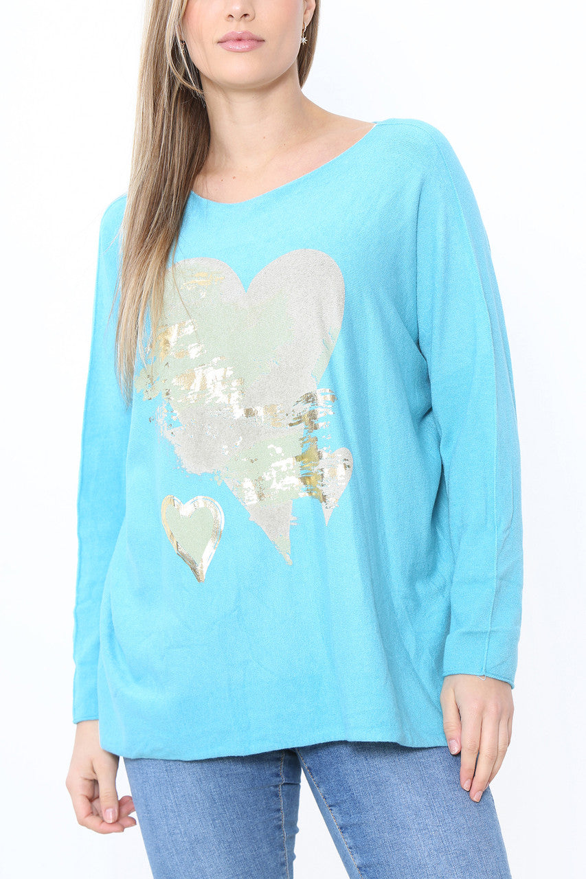 Ladies Foil Heart Detail Fine Knit Jumper Top Turquoise