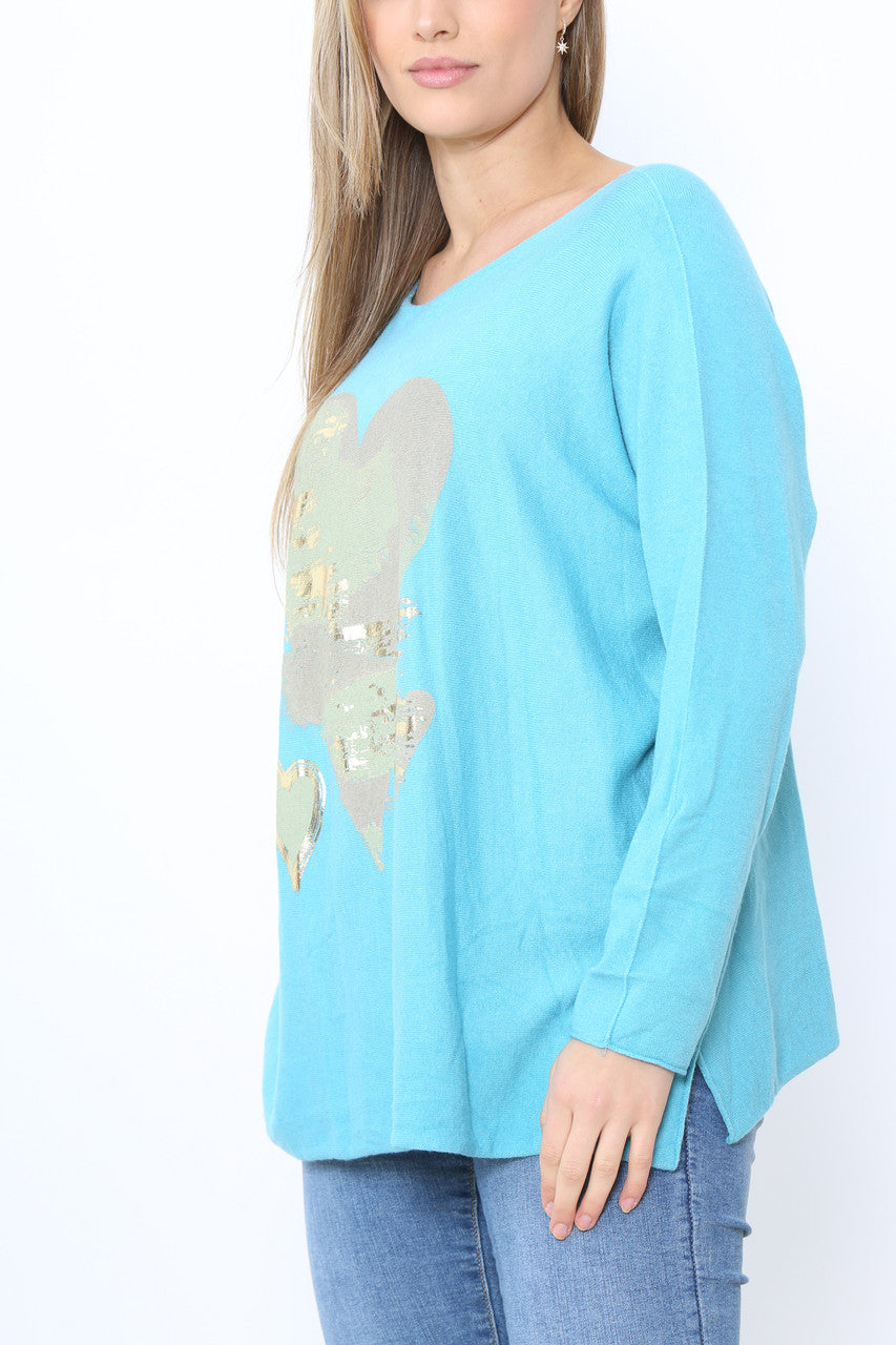 Ladies Foil Heart Detail Fine Knit Jumper Top Turquoise
