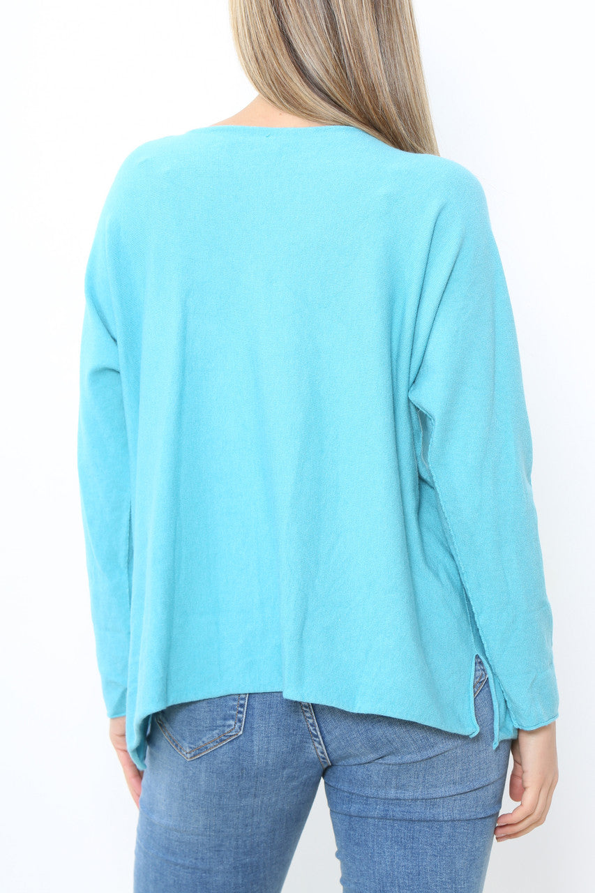 Ladies Foil Heart Detail Fine Knit Jumper Top Turquoise