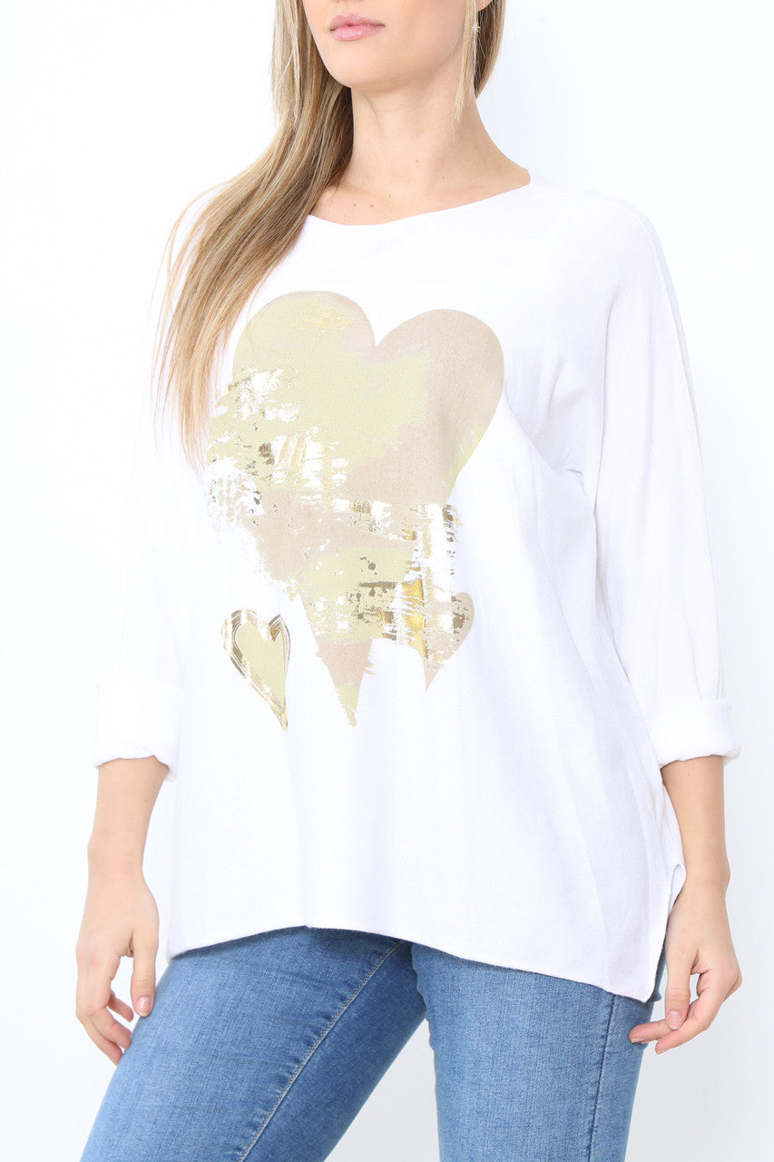 Ladies Foil Heart Detail Fine Knit Jumper Top White