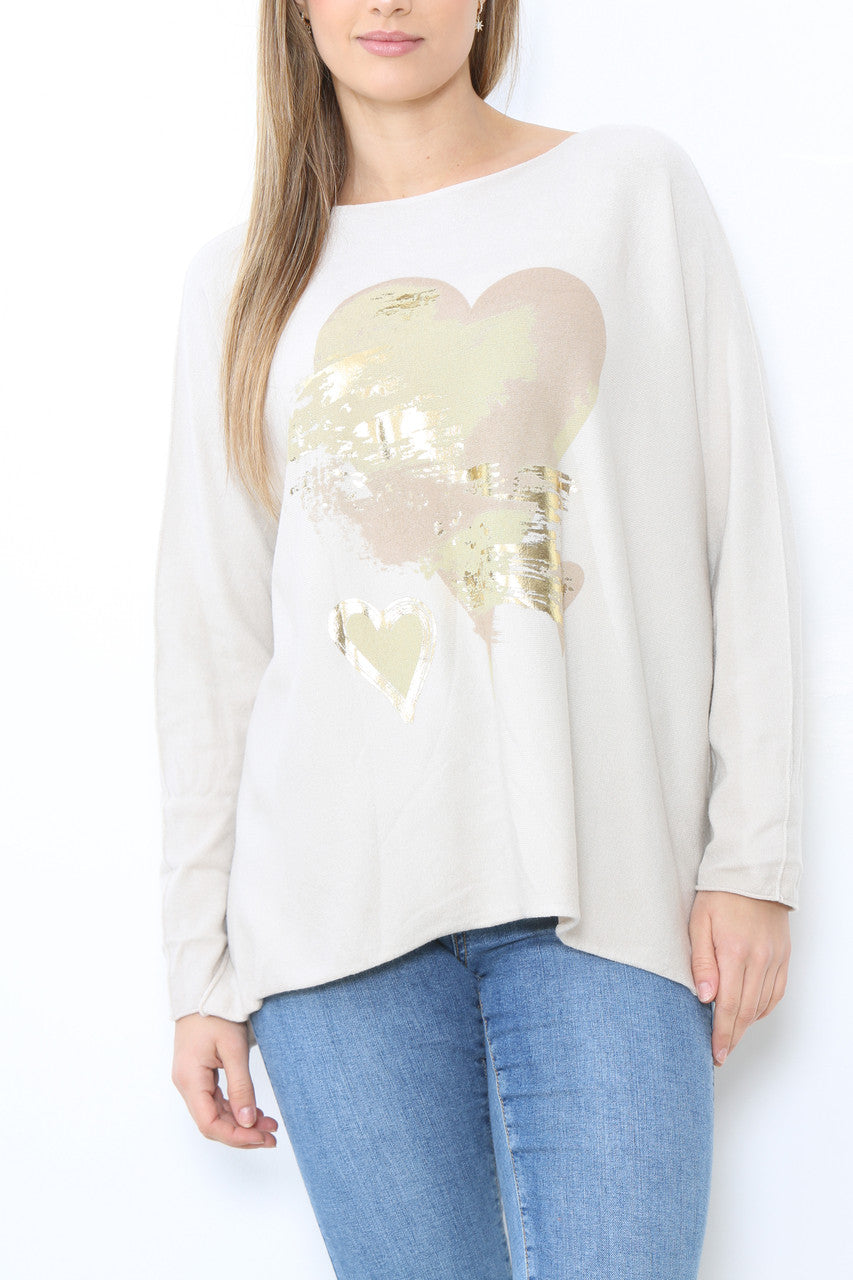 Ladies Foil Heart Detail Fine Knit Jumper Top Stone