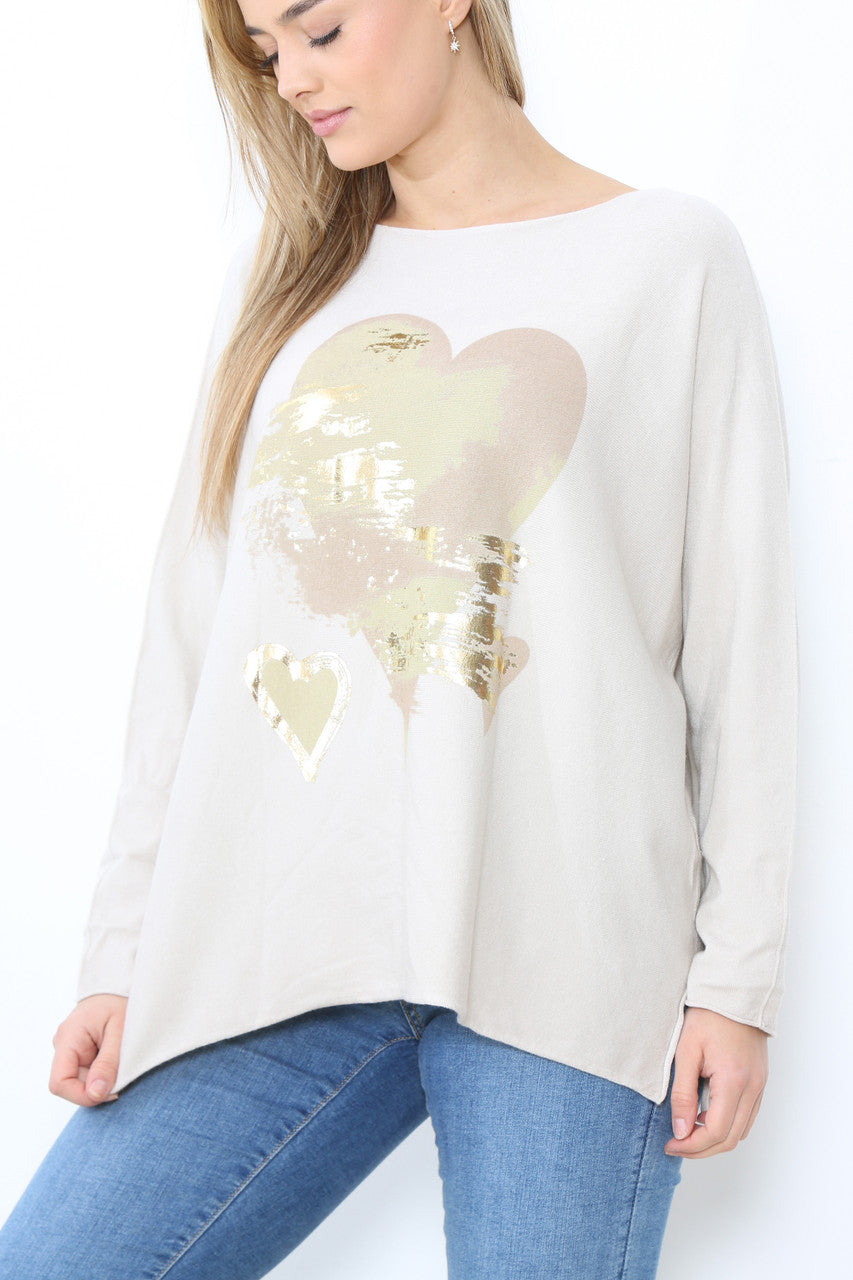 Ladies Foil Heart Detail Fine Knit Jumper Top Stone