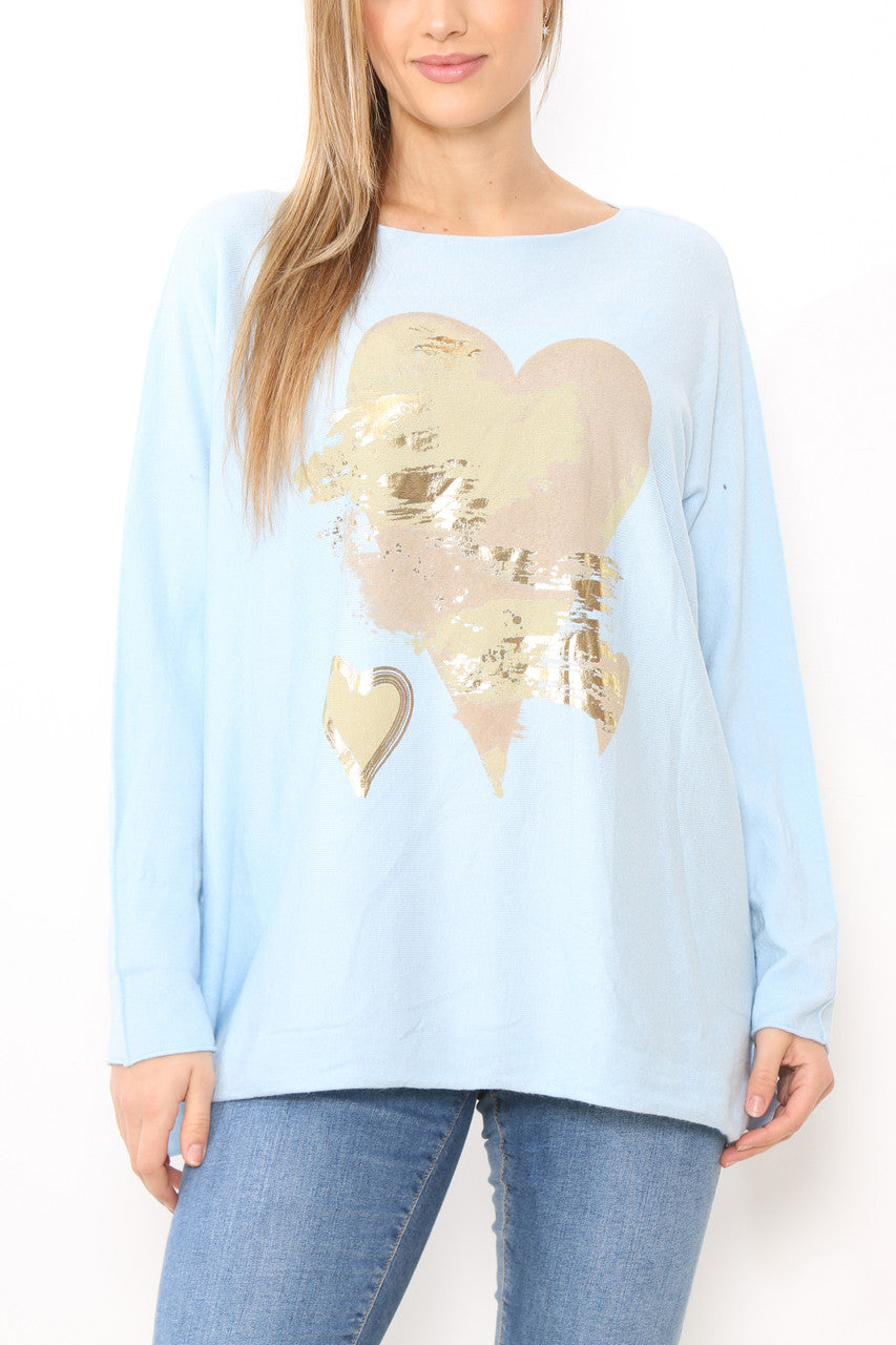 Ladies Foil Heart Detail Fine Knit Jumper Top Light Blue
