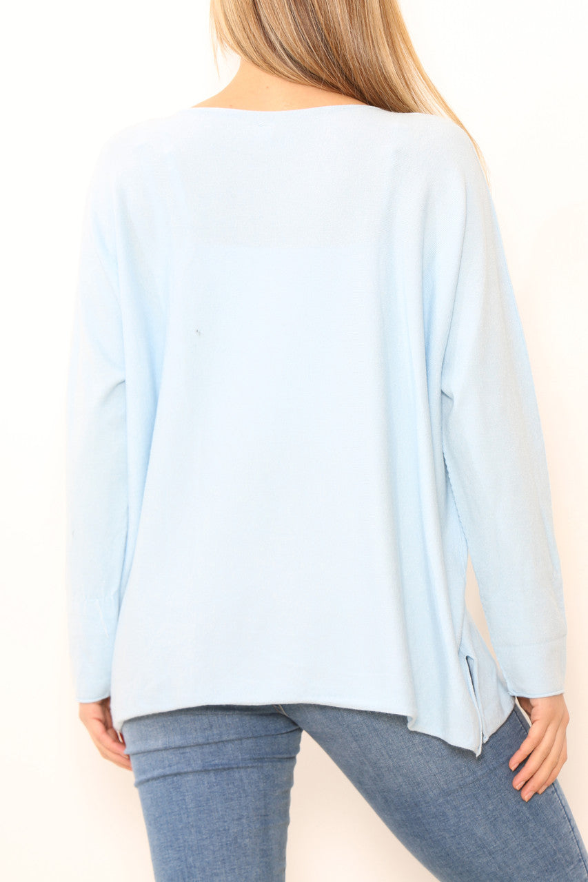 Ladies Foil Heart Detail Fine Knit Jumper Top Light Blue