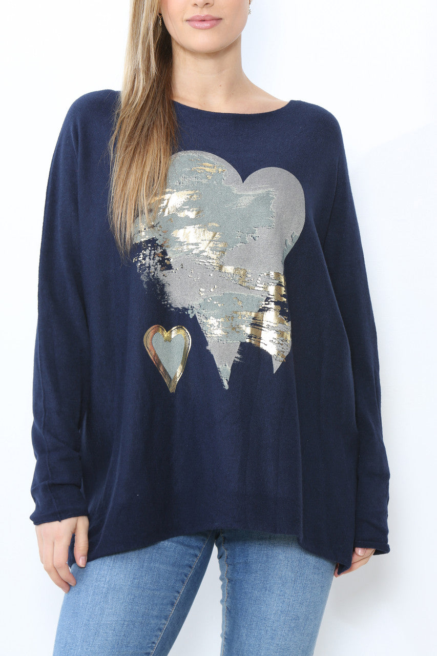 Dames Folie Hart Detail Fijn Gebreide Trui Top Marineblauw