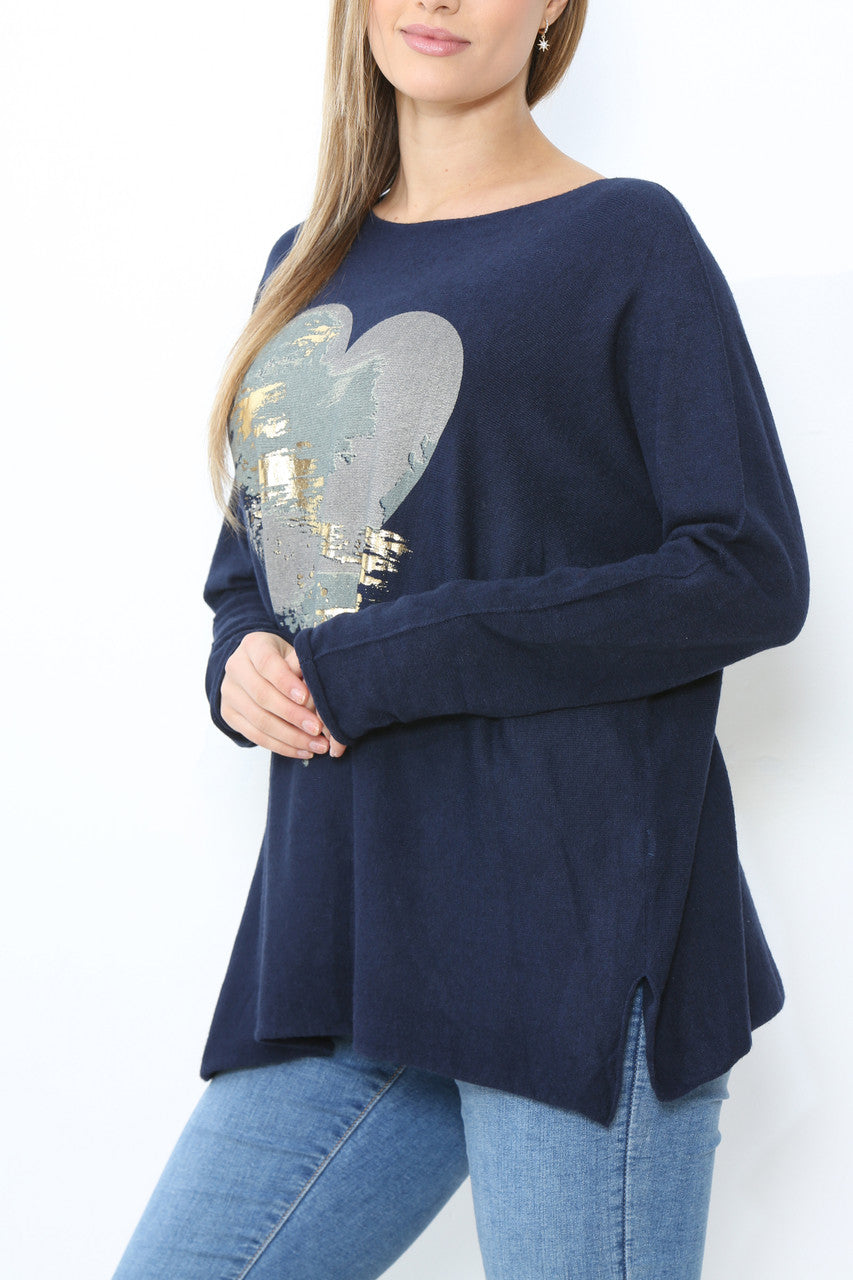 Dames Folie Hart Detail Fijn Gebreide Trui Top Marineblauw