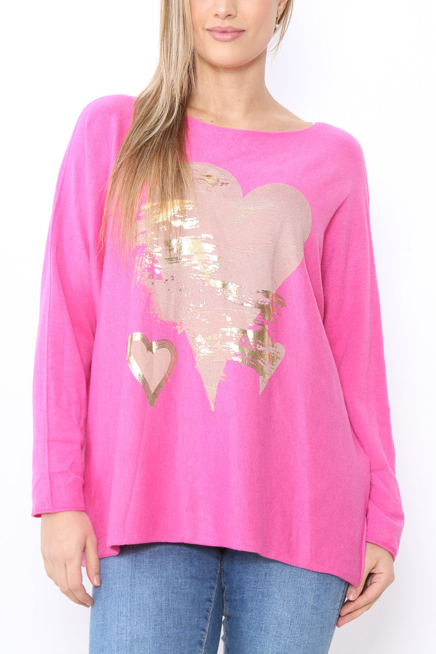 Ladies Foil Heart Detail Fine Knit Jumper Top Cerise