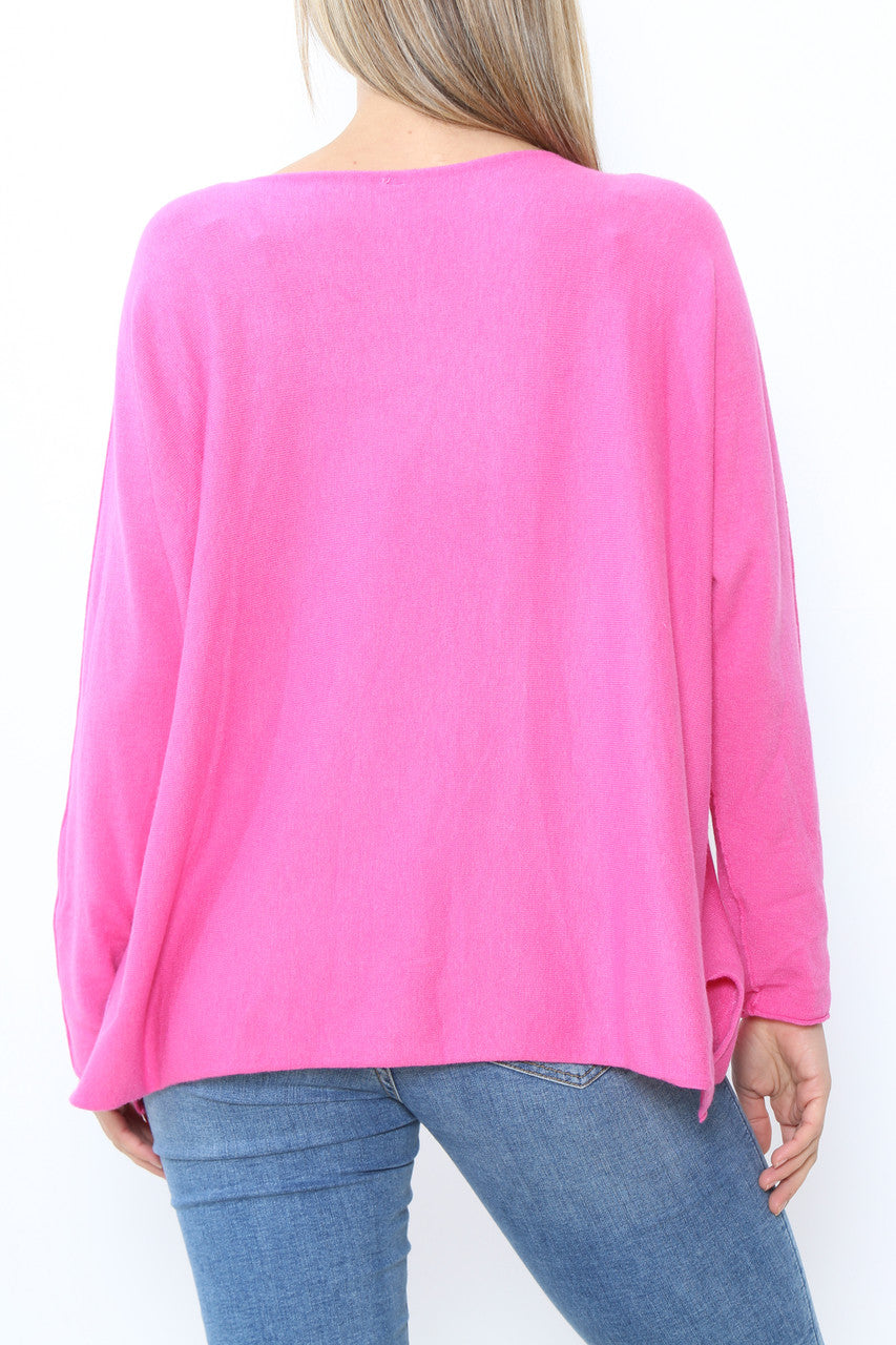 Ladies Foil Heart Detail Fine Knit Jumper Top Cerise
