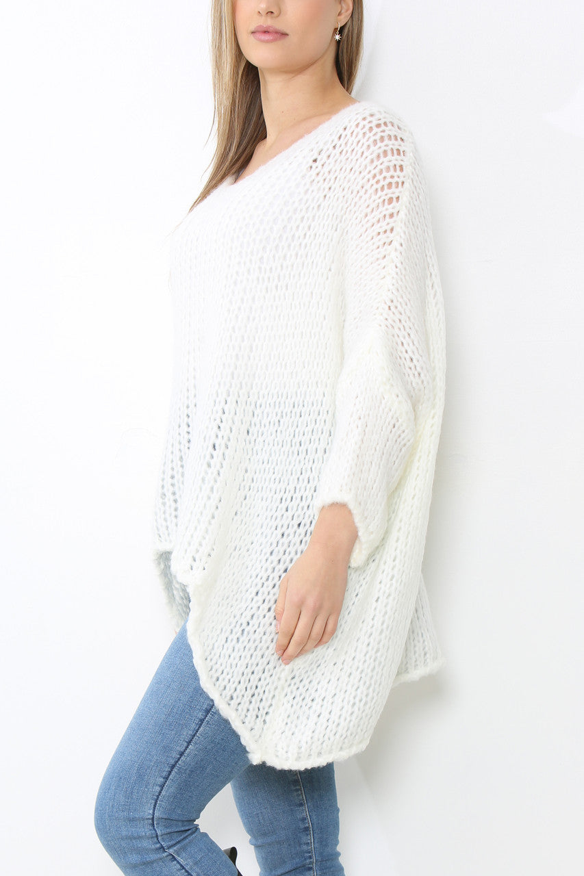 Ladies Batwing Sleeve Sloppy Jumper Top White