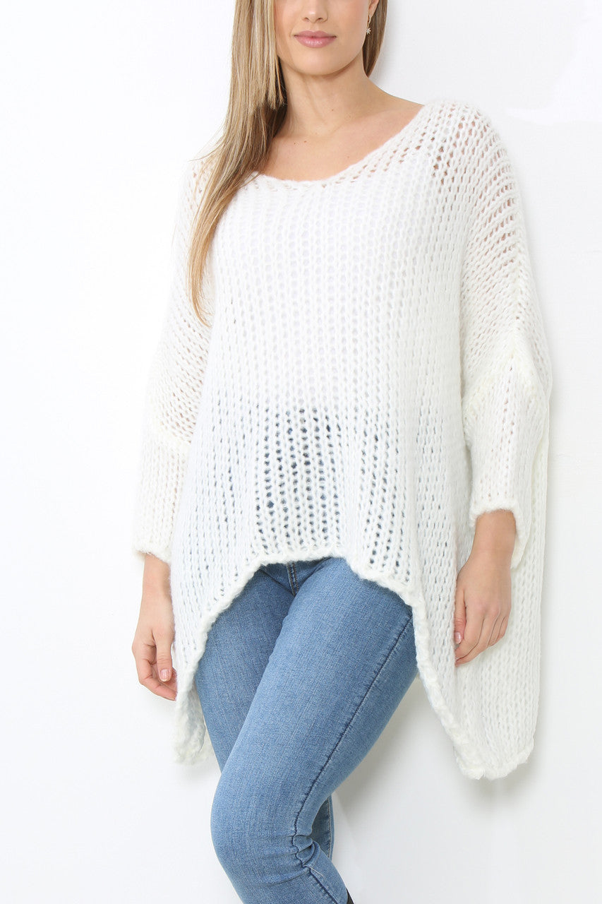 Ladies Batwing Sleeve Sloppy Jumper Top White