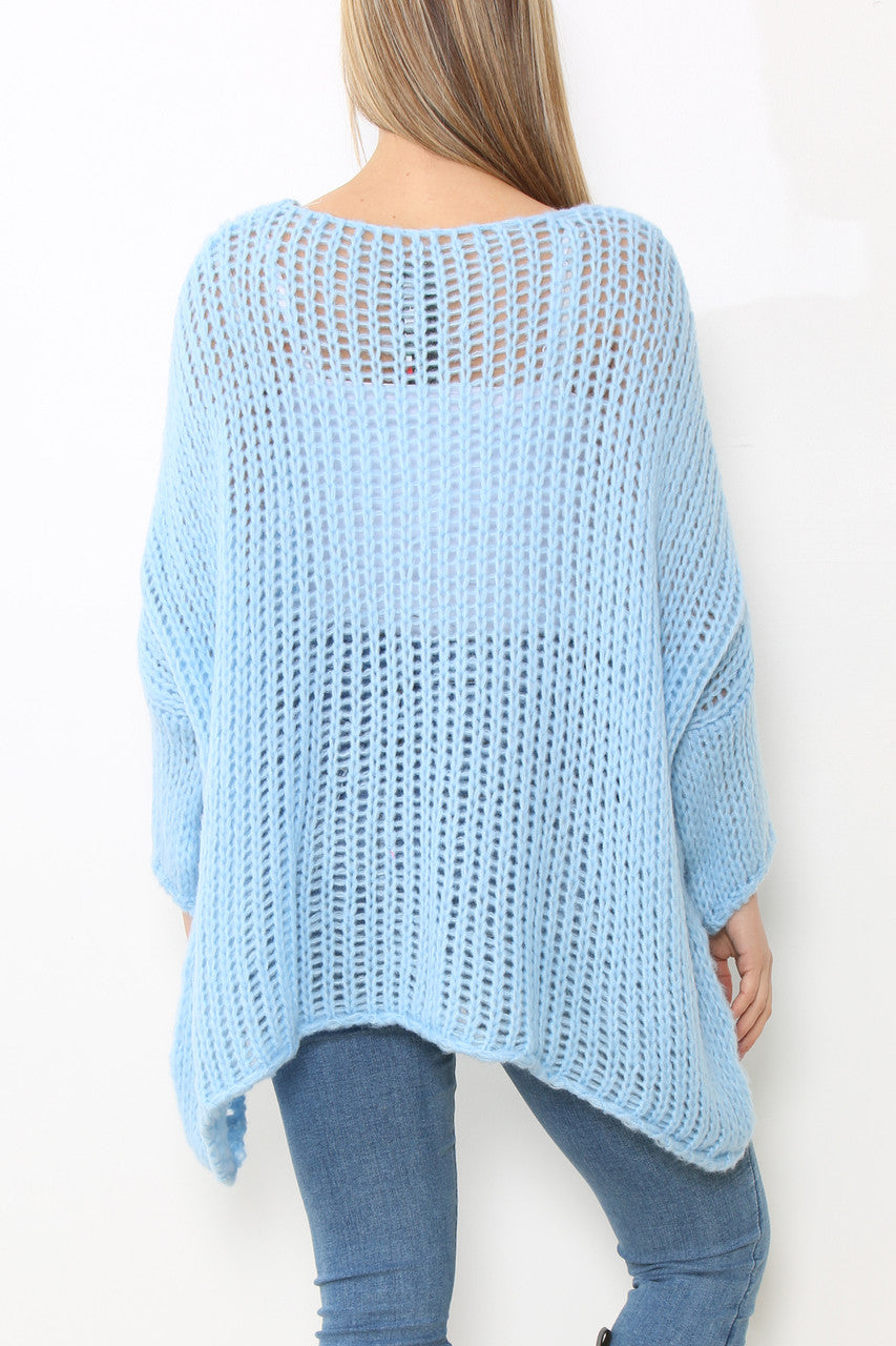 Ladies Batwing Sleeve Sloppy Jumper Top Light Blue
