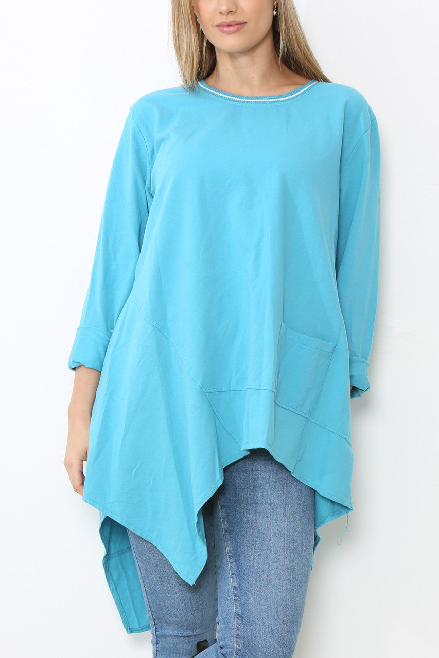 Ladies Seam Detail Plain Tunic Top Turquoise
