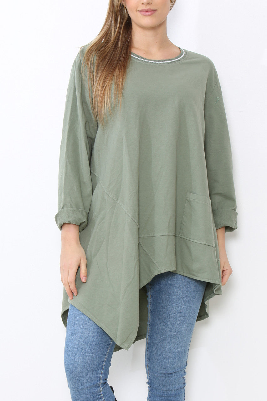 Dames tuniek top met naaddetails effen kaki
