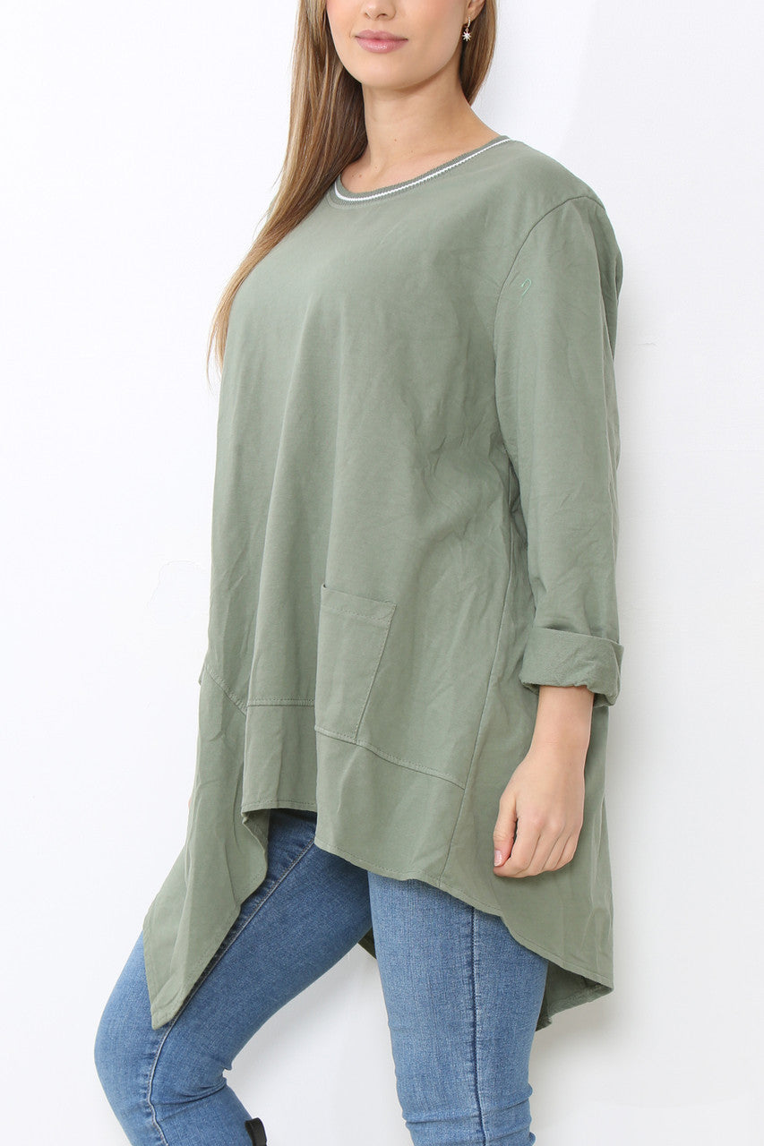 Dames tuniek top met naaddetails effen kaki