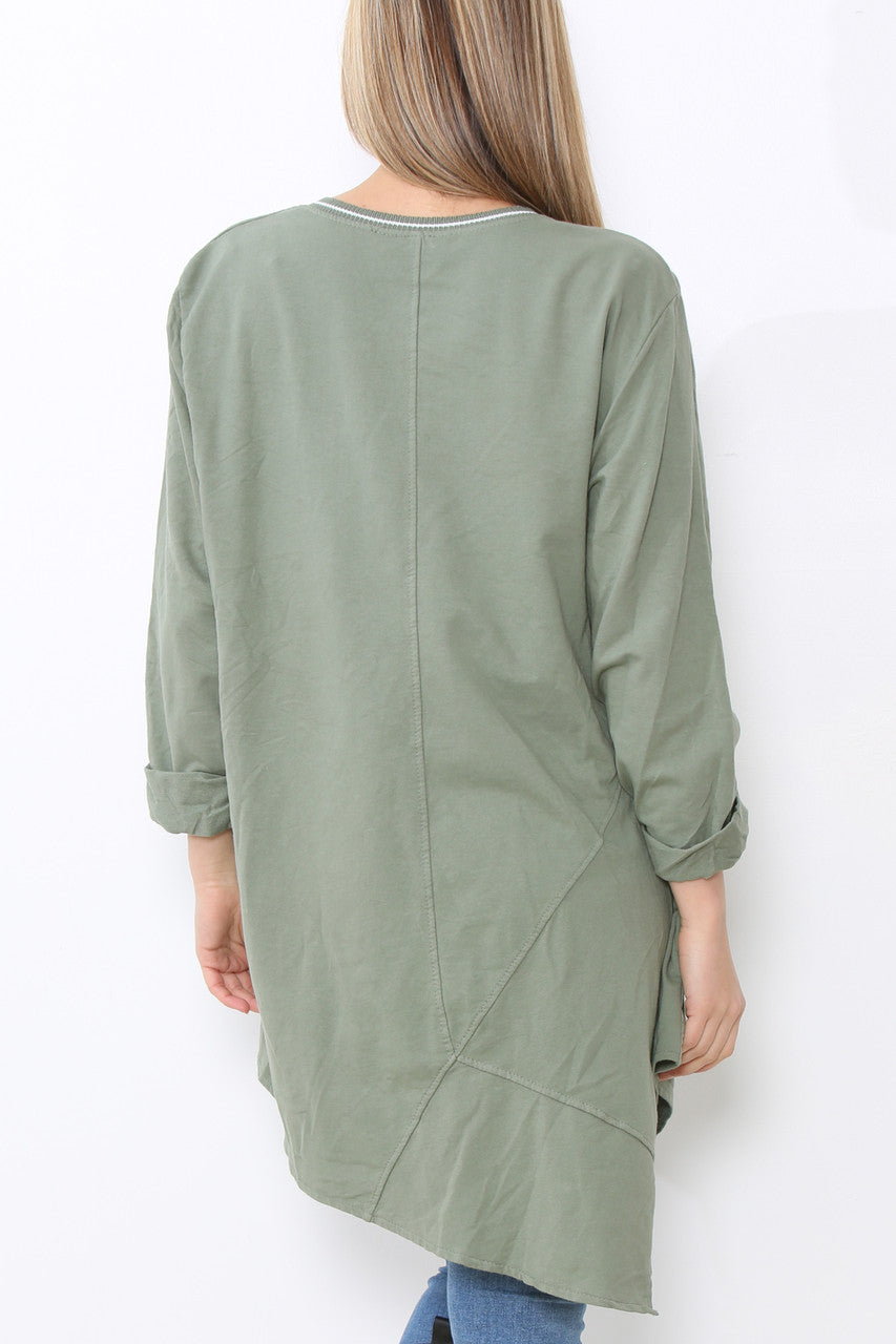 Dames tuniek top met naaddetails effen kaki