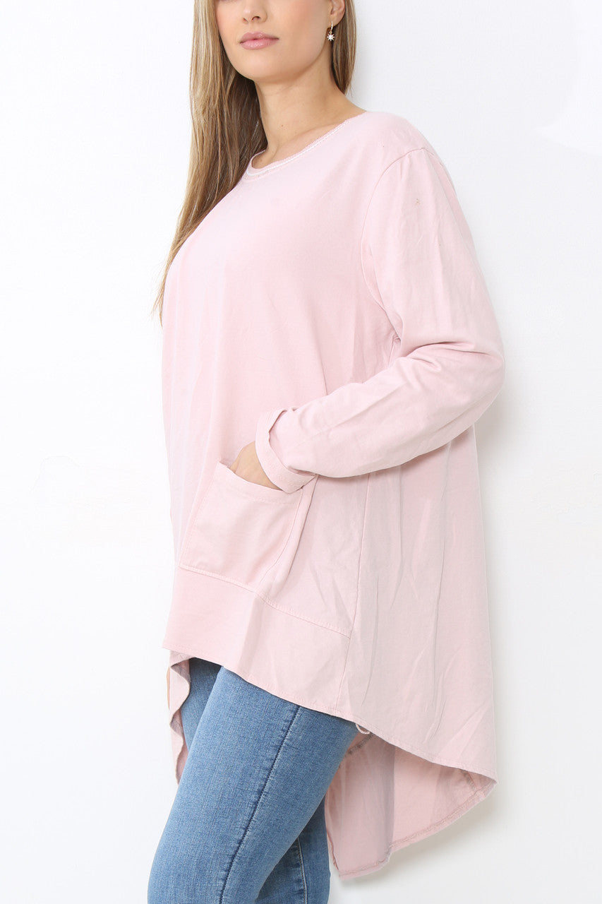 Ladies Seam Detail Plain Tunic Top Dusty Pink