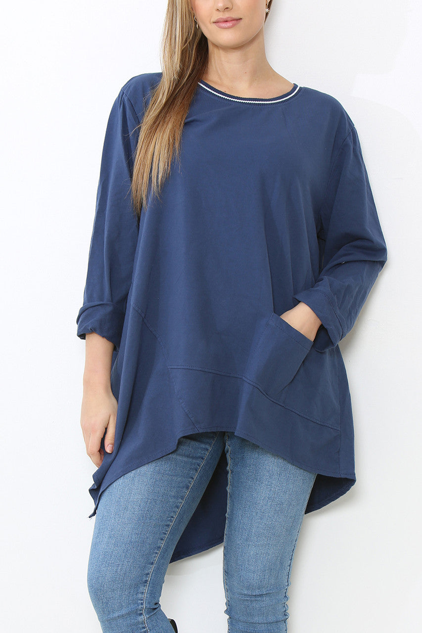 Ladies Seam Detail Plain Tunic Top Navy