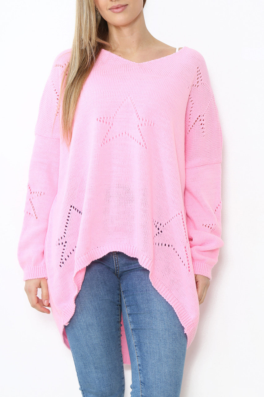 Dames trui met opengewerkte sterren, roze