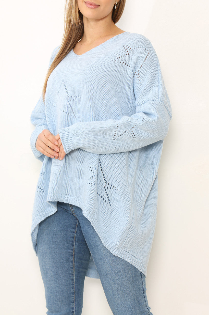 Ladies Cut Out Stars Jumper Top Light Blue