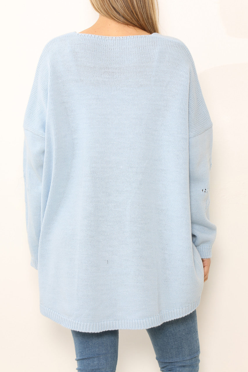 Ladies Cut Out Stars Jumper Top Light Blue