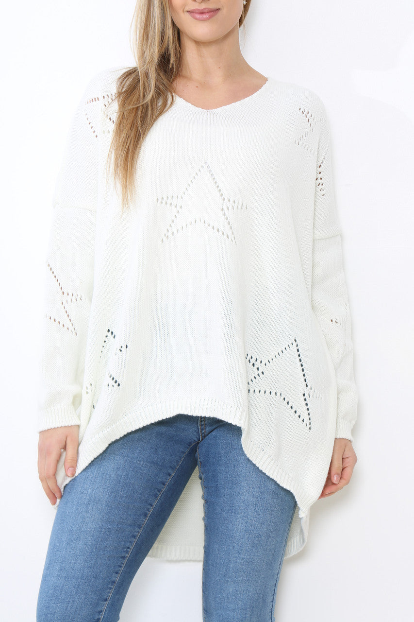 Ladies Cut Out Stars Jumper Top White