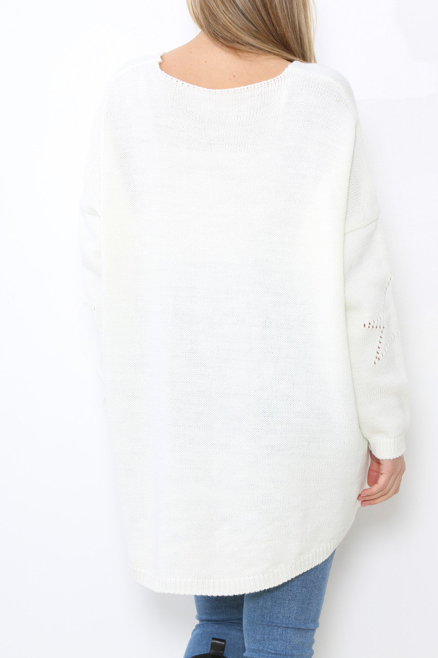 Ladies Cut Out Stars Jumper Top White