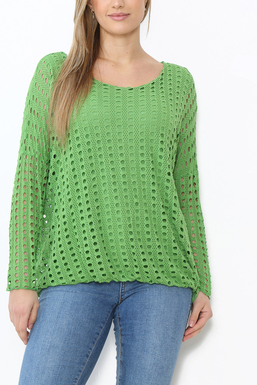 Ladies Cut Out Detail Long Sleeve Top Green