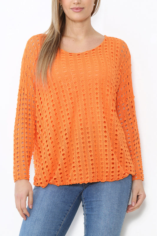 Ladies Cut Out Detail Long Sleeve Top Orange