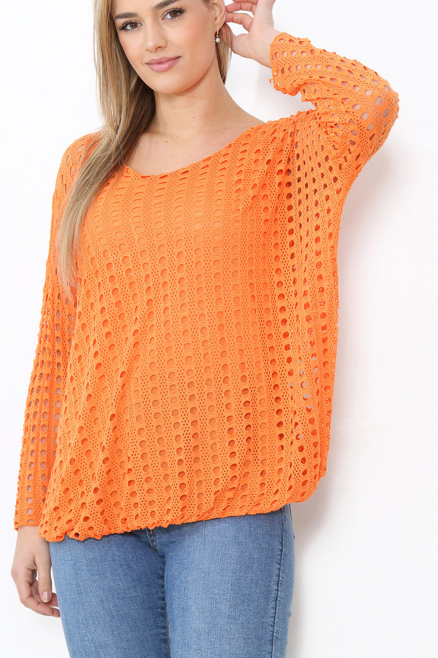 Ladies Cut Out Detail Long Sleeve Top Orange