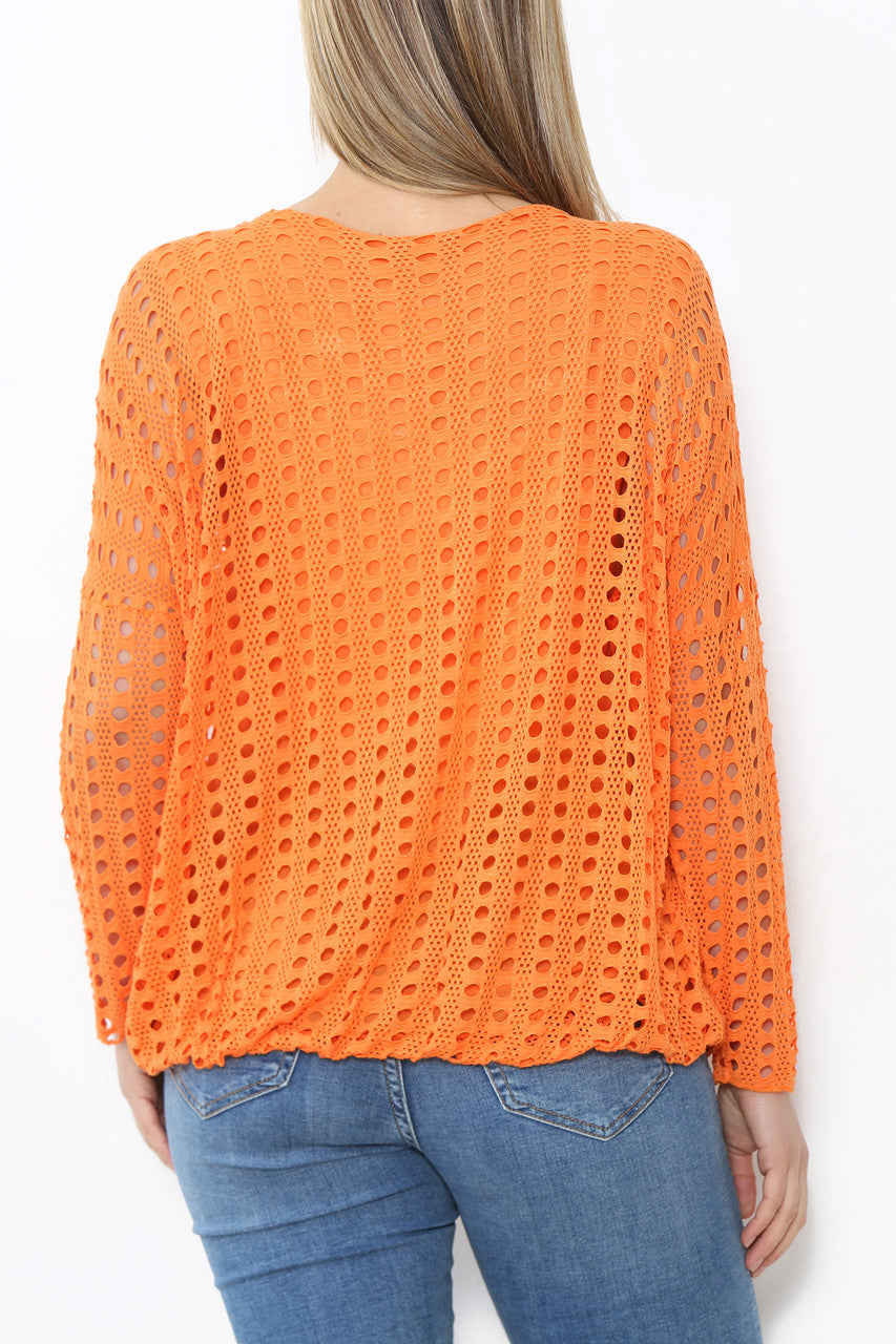 Ladies Cut Out Detail Long Sleeve Top Orange